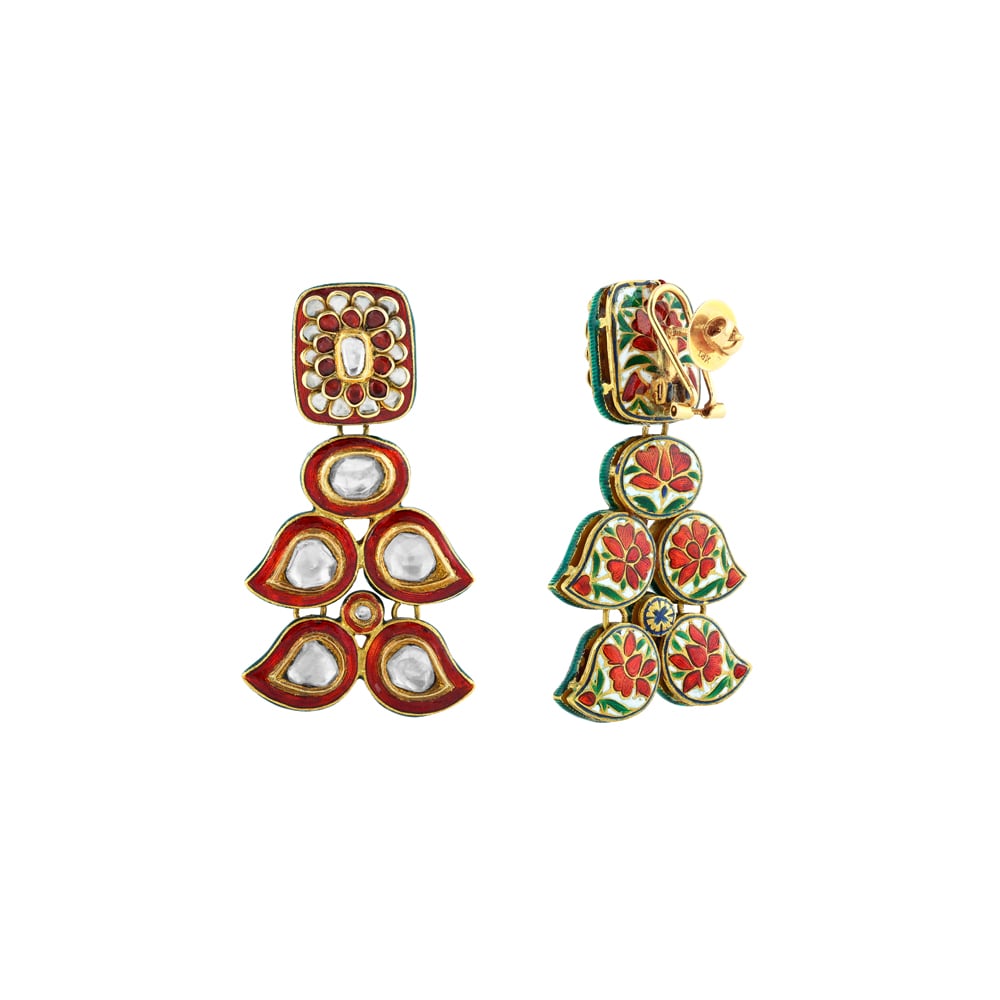 Geometric Polki Earrings with Red Enamel